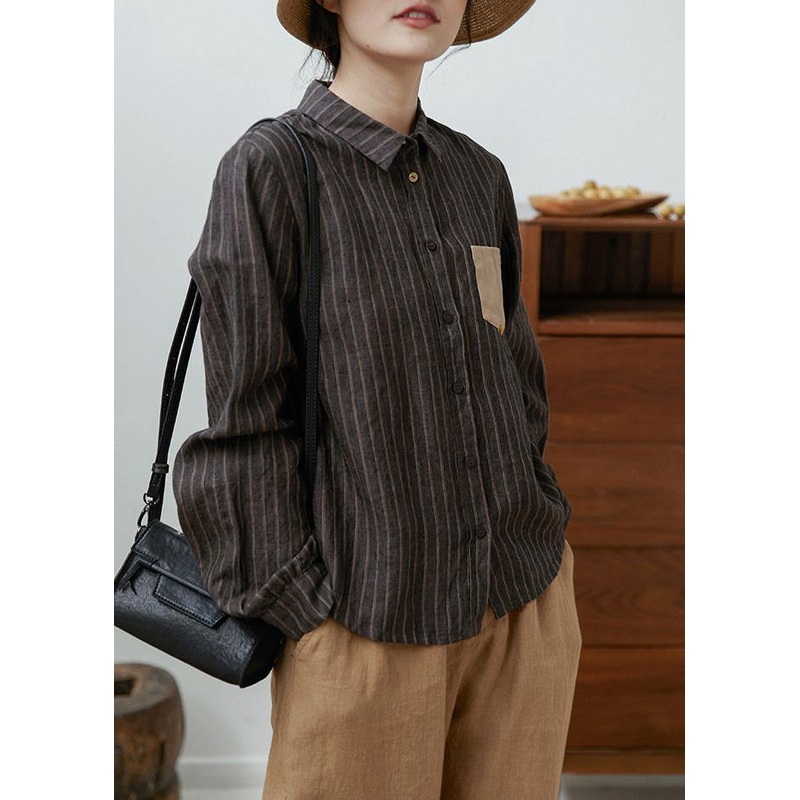 Beautiful Lapel Spring Clothes Christmas Gifts Chocolate Striped Blouse