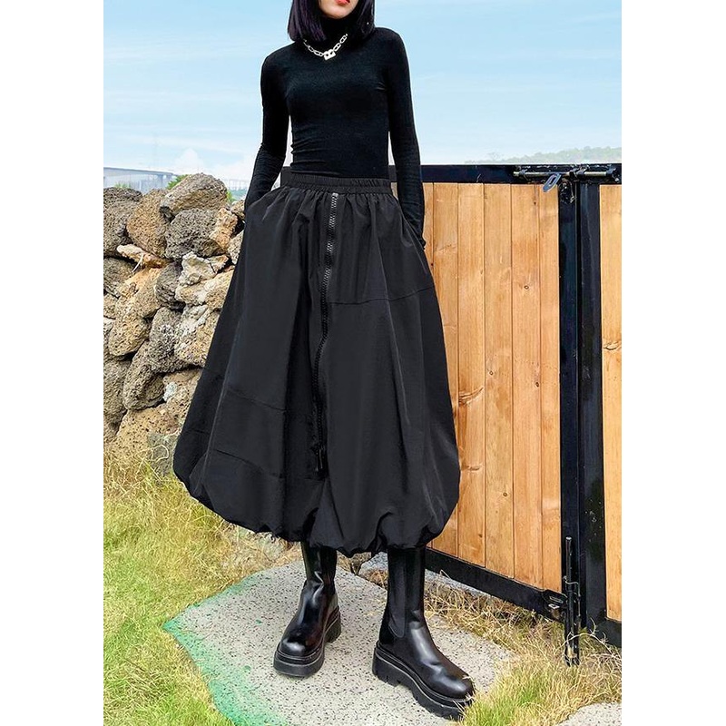 Black Skirt Women's High Waist Medium Length A-line Pompous Skirt