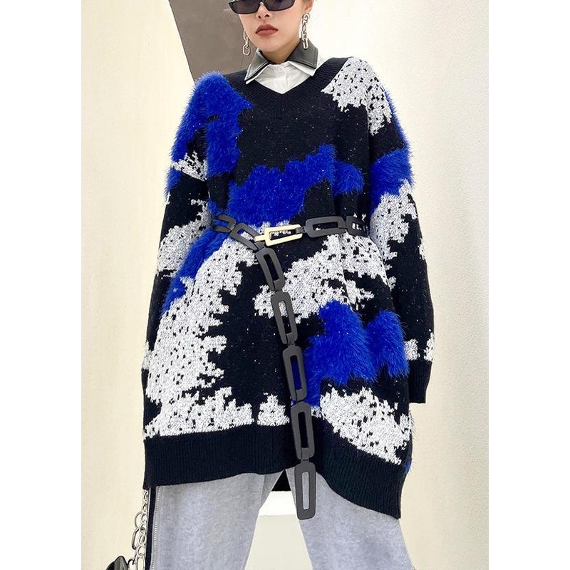 Blue Knitted Pullover V Neck Oversized Spring Knitted Blouse
