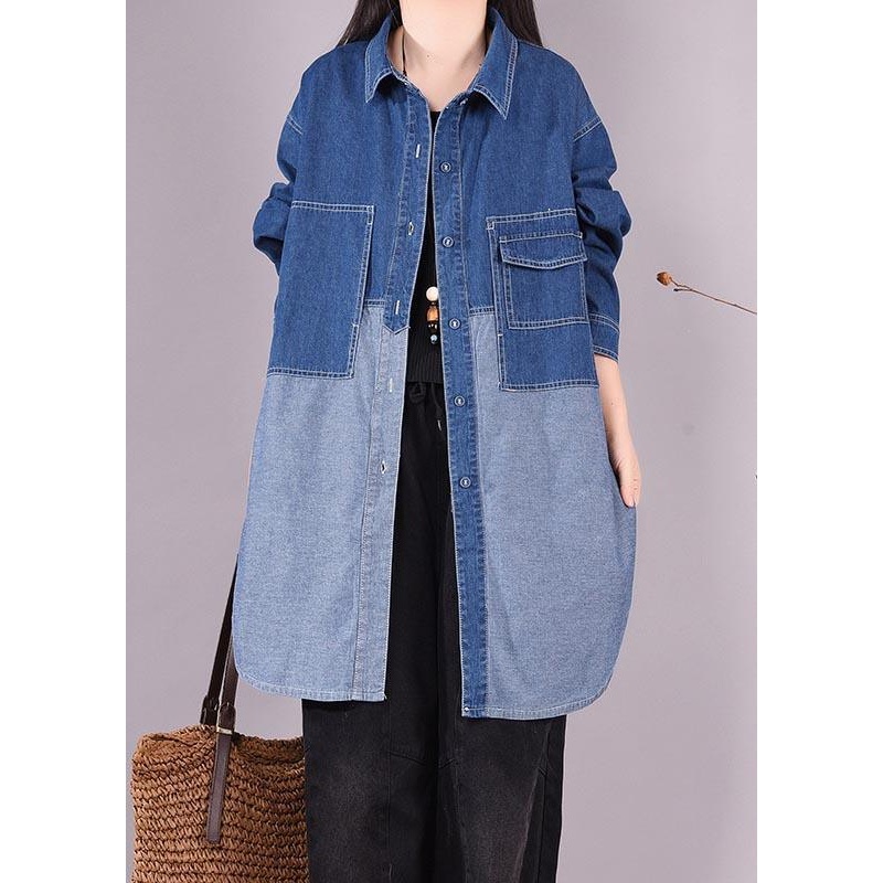 Bohemian Denim Light Blue Long Shirts Lapel Patchwork Oversized Blouse