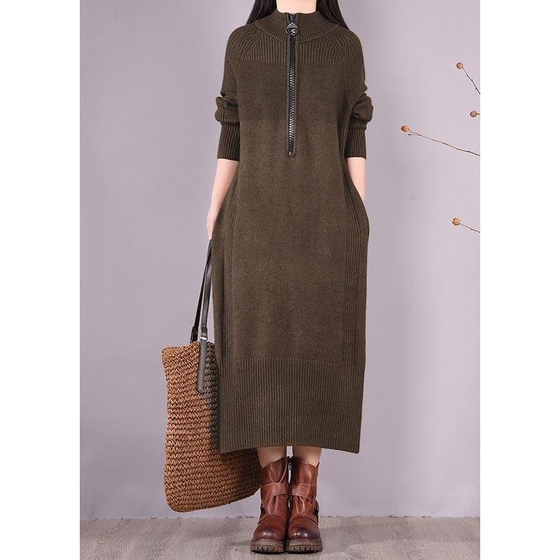 Chic Chocolate Dresses Zippered Pockets Maxi Spring Dress