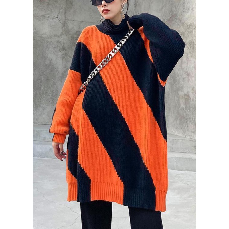 Chunky Black Orange Striped Knit Sweat Tops Plus Size O Neck Knit Tops