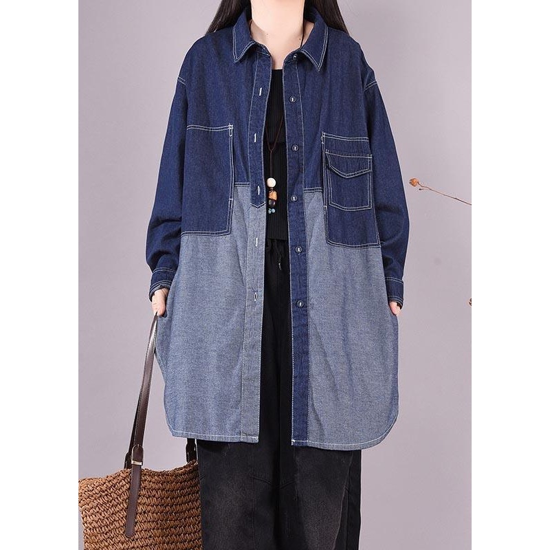 Classy Lapel Patchwork Crane Tops Sleeve Denim Dark Blue Blouses