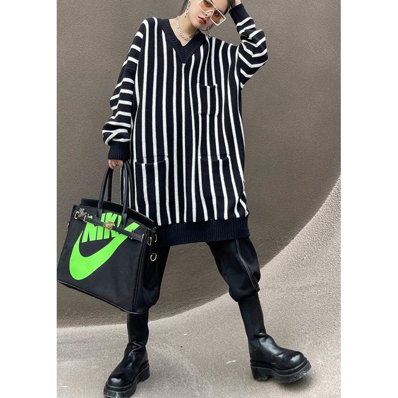 Cozy Black Striped Sweaters Plus Size V Neck Pockets Knit Blouse