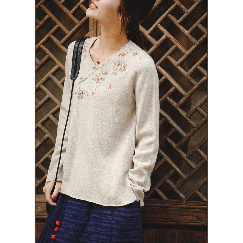 Cozy Nude Embroidery Knitted T Shirt V Neck Trendy Plus Size Spring Knitted Blouse