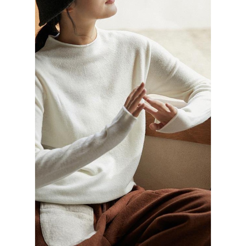Cute Spring White Sweaters Casual High Neck Blouse
