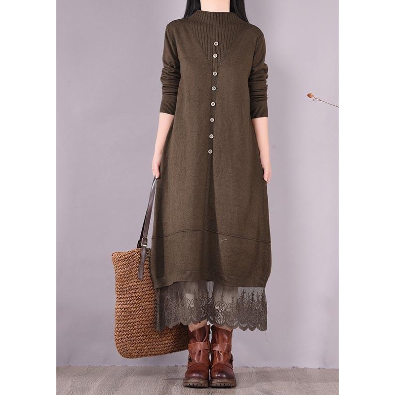 DIY O Neck Patchwork Lace Spring Tunics Linen Chocolate A Line Dress