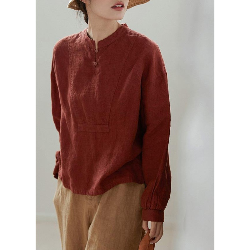DIY Red Linen Top Silhouette Stand Collar Patchwork Tunic Spring Shirt