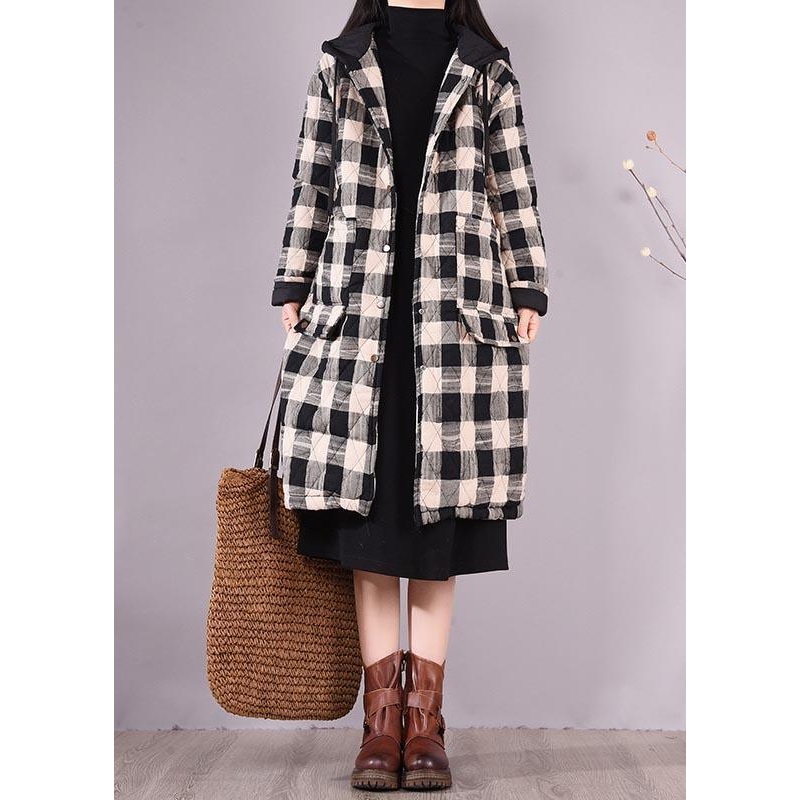 Elegant Black Plaid Parkas For Women Trendy Plus Size Coats Hooded Pockets Outwear
