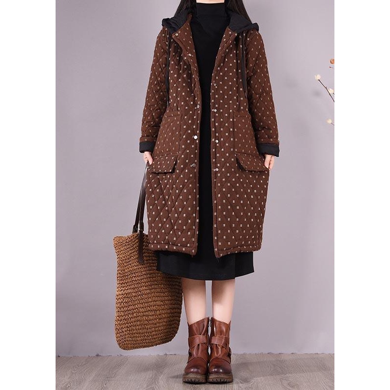 Elegant Chocolate Coat Plus Size Hooded Pockets Outwear