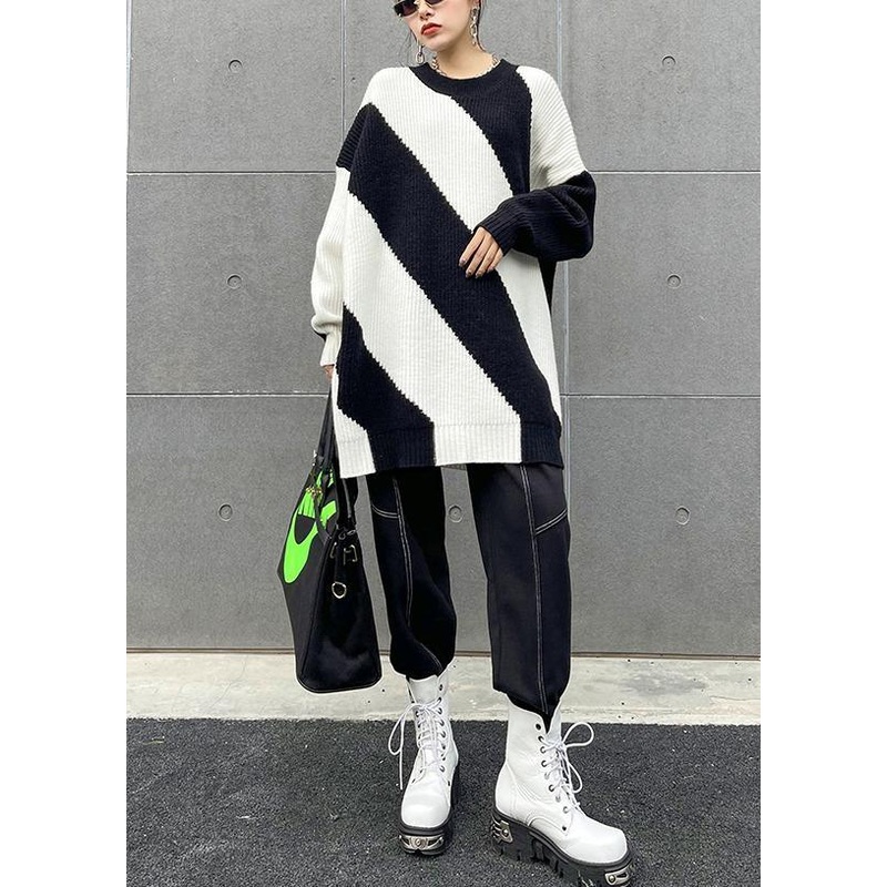 For Spring Black White Striped Knitted Clothes O Neck Plus Size Knit Tops