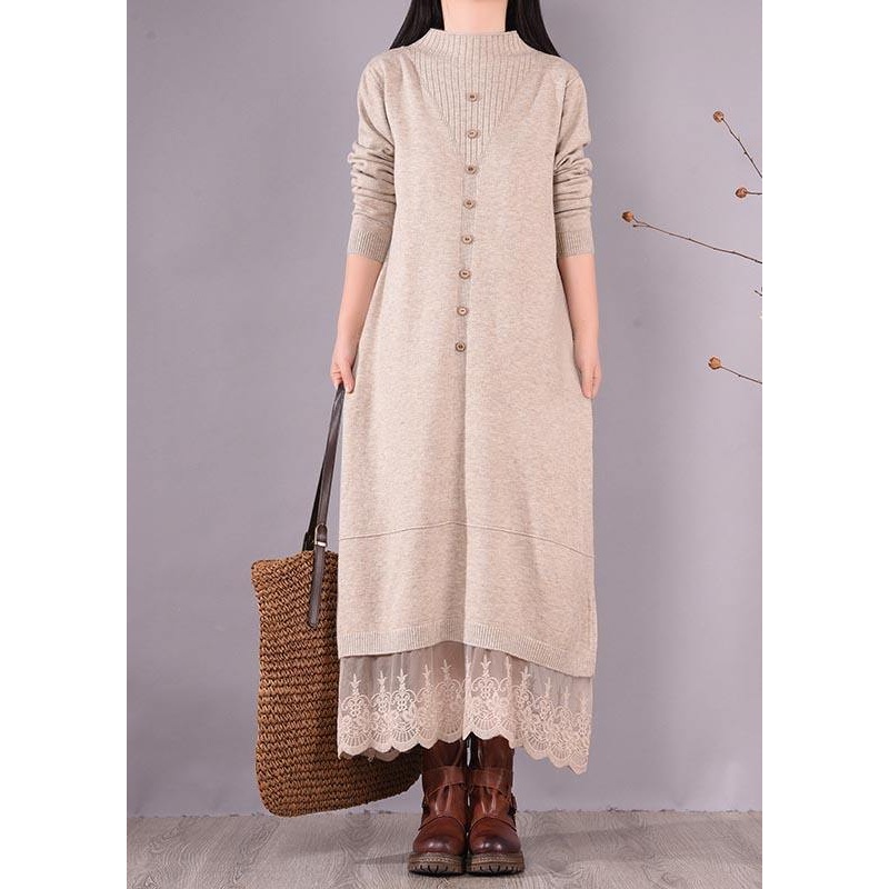 French O Neck Patchwork Lace Spring Clothes For Women Sewing Beige Robe Dresses