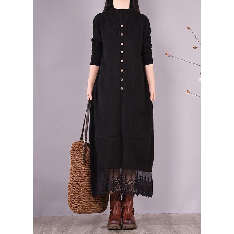 Handmade Black Clothes O Neck Patchwork Lace Kaftan Spring Dresses