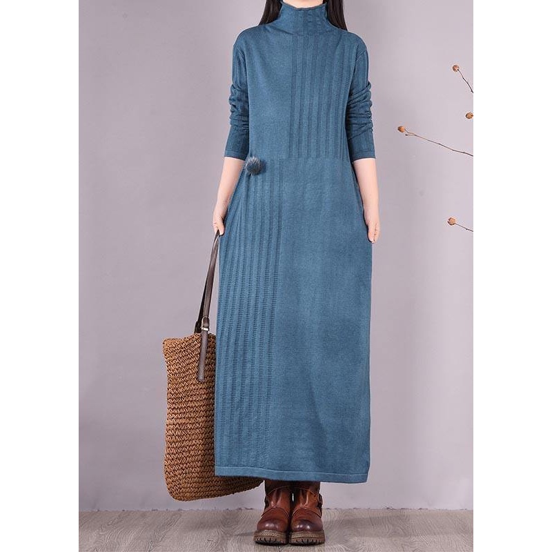 Handmade Blue Dresses High Neck Long Spring Dresses