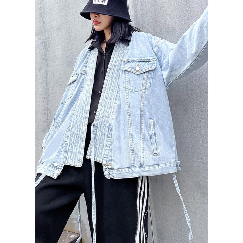 Handmade Pockets Fine Outwear Denim Light Blue Tunic Coat