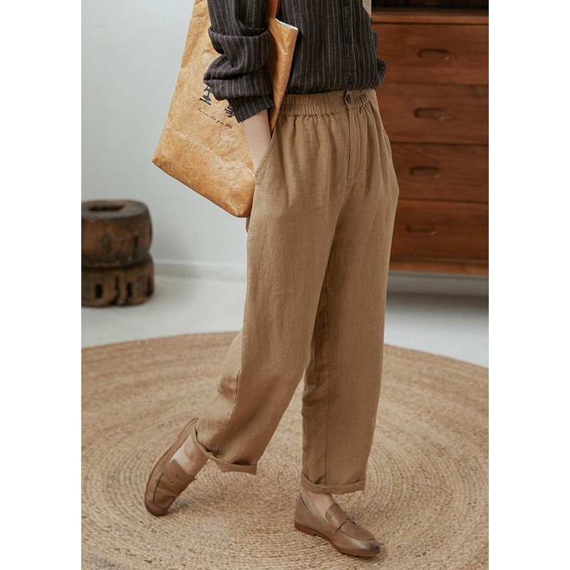 Italian Spring Women Trousers Elastic Waist Khaki Pockets Casual Pants