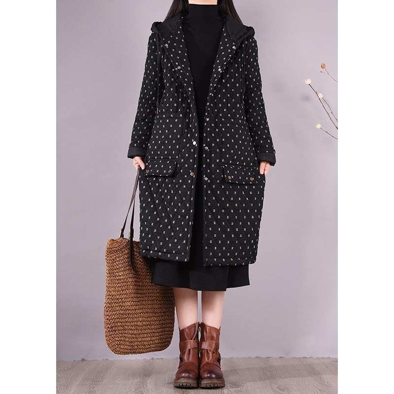 Loose Fitting Coats Black Hooded Pockets Casual Outfit