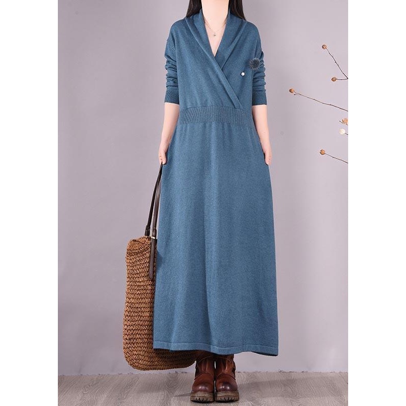 Loose V Neck Asymmetric Spring Quilting Clothes Work Blue Robes Dresses