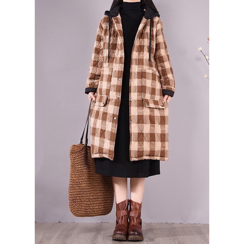 Luxury Oversize Outwear Chocolate Plaid Hooded Pockets Casual Outfit