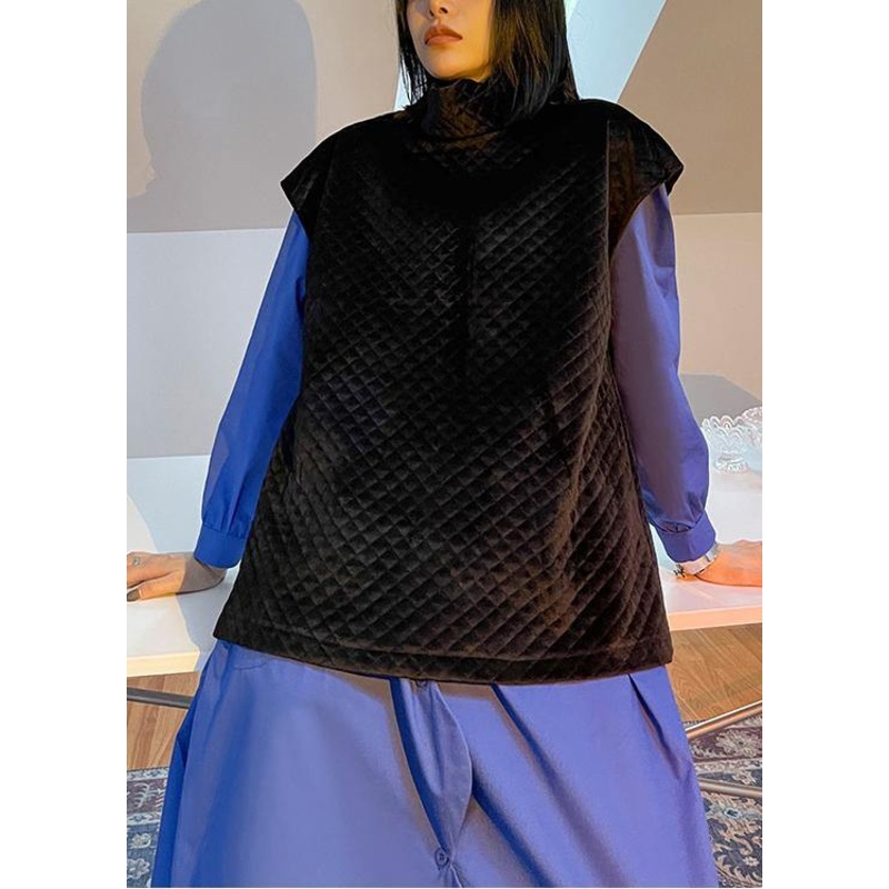 Modern Stand Collar Sleeveless crane tops pattern Black blouses