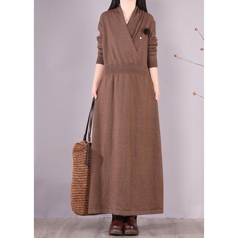 Organic Chocolate Clothes V Neck Asymmetric Vestidos De Lino Spring Dresses