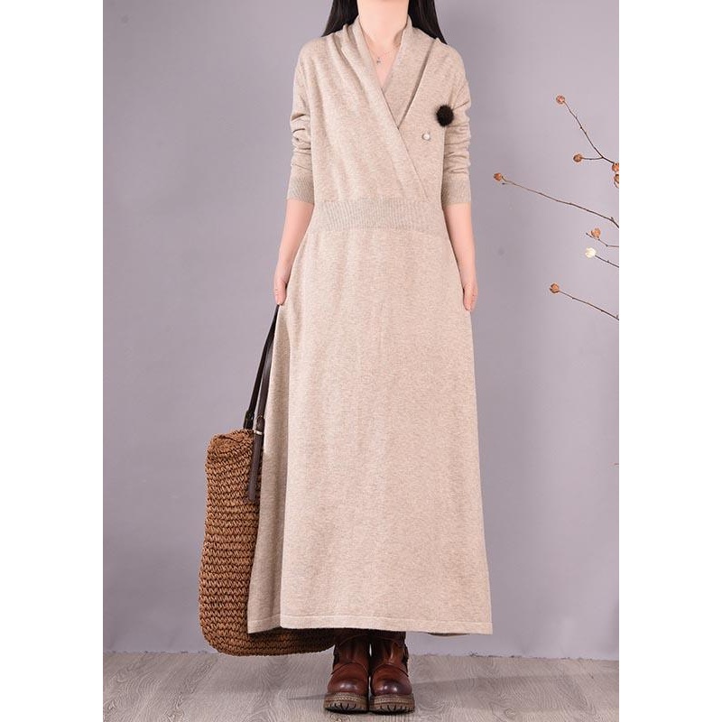 Simple Beige Quilting Clothes V Neck Asymmetric Spring Dress