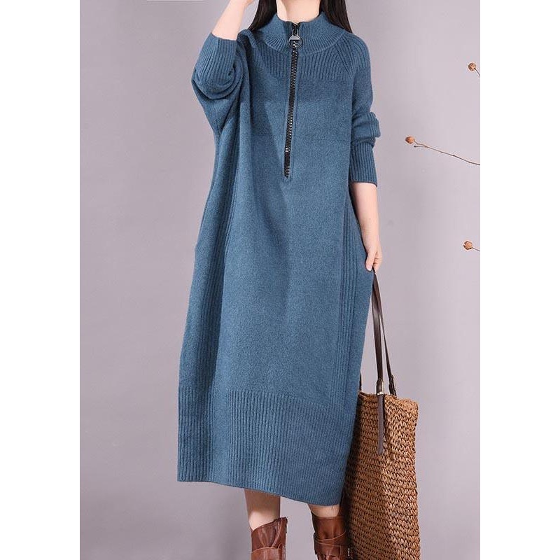 Simple Zippered Pockets Spring Clothes For Women Work Outfits Blue Robes Dresses