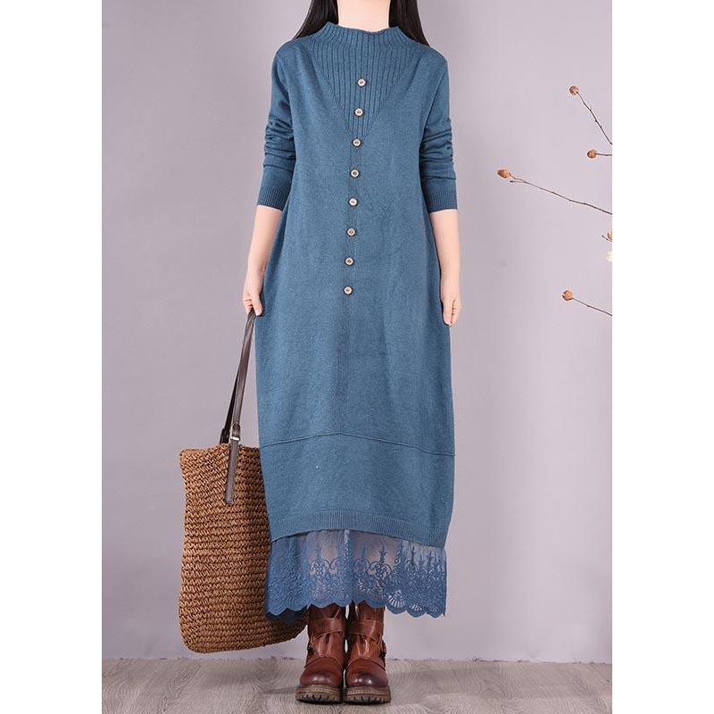Vivid Blue Tunics O Neck Patchwork Lace Spring Dress
