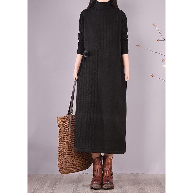 Women High Neck Spring Wardrobes Sleeve Black Robe Dress