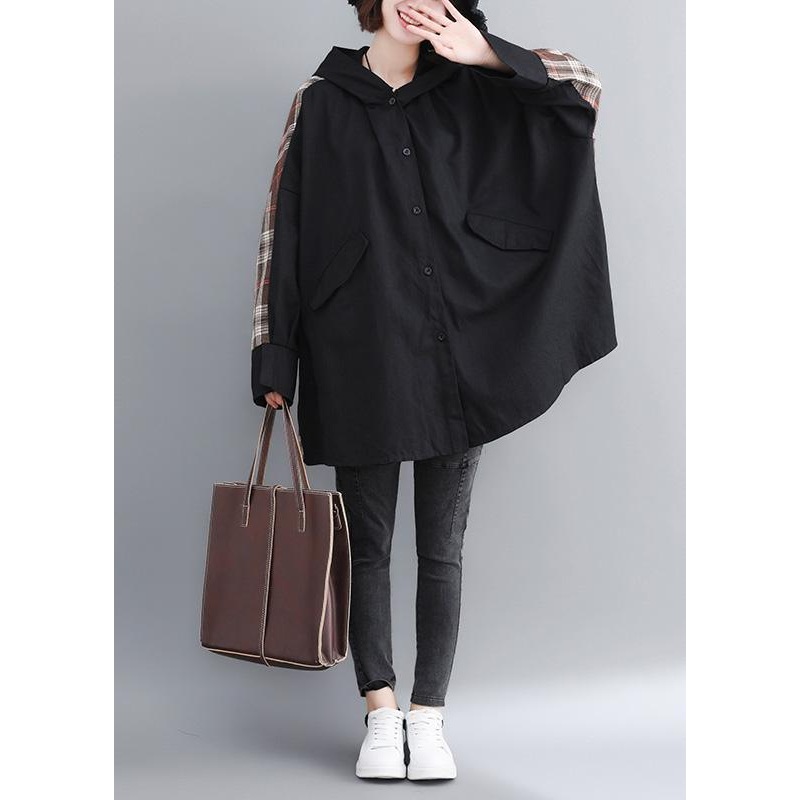 Women Hooded Patchwork Plus Size Trench Black Coats
