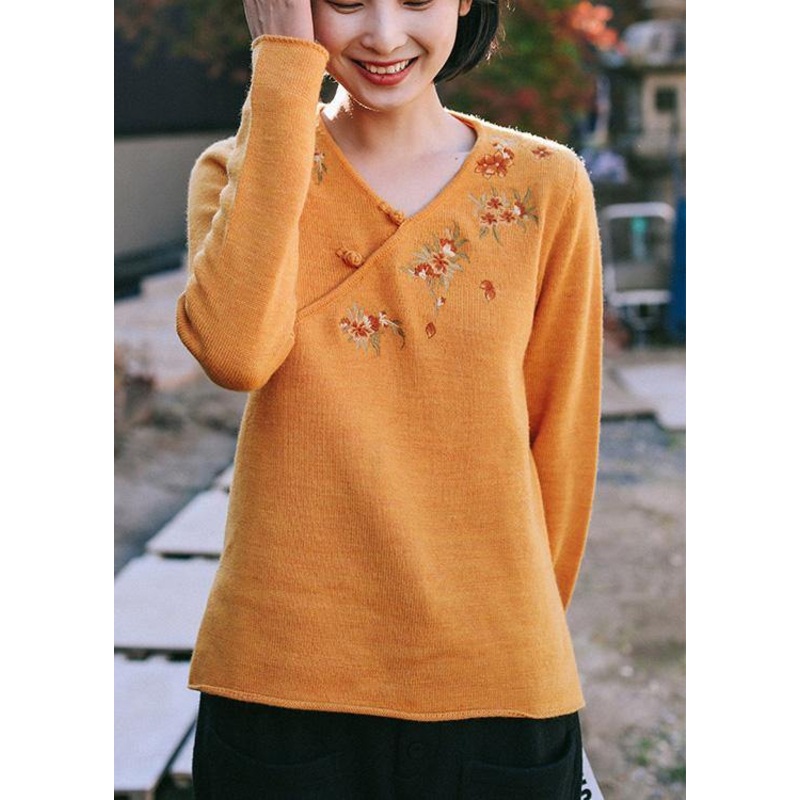 Women Spring Yellow Embroidery Knitwear V Neck Knit Top