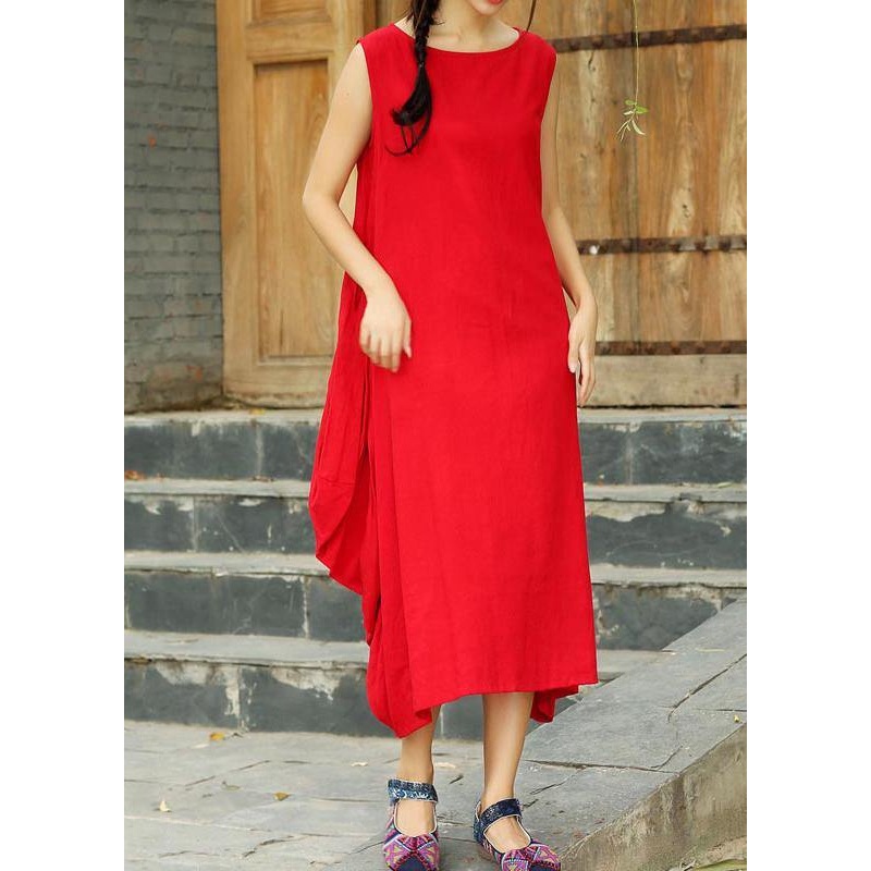 Beautiful O Neck Asymmetric Summer Tunics Pattern Red Maxi Dresses