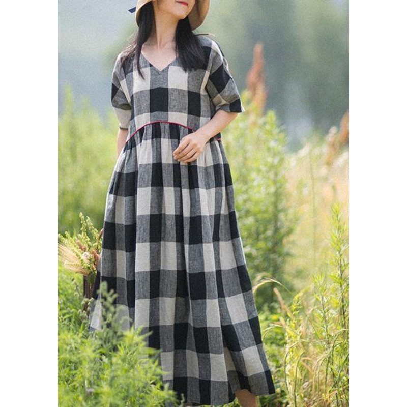 Beautiful V-Neck Patchwork Summer Women Black White Plaid Dresses