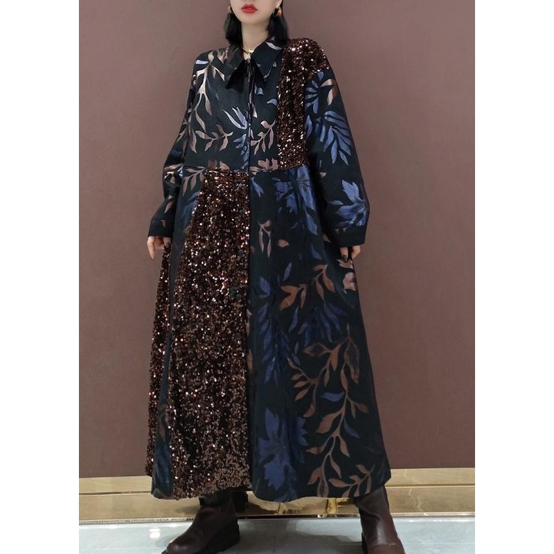 Natural Lapel Patchwork Spring Clothes Fashion Ideas Black Sequined Maxi Dress