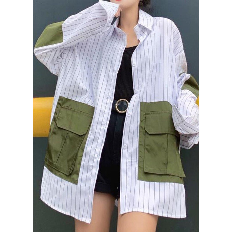 Style White Patch work Peter Pan Collar Striped Shirt Tops Spring