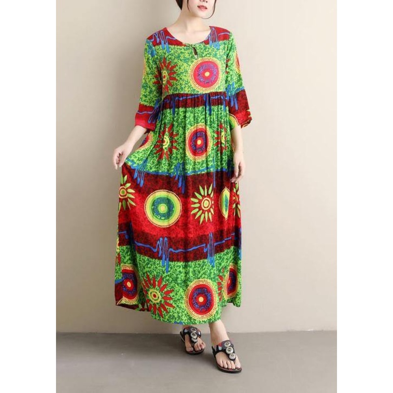 Unique O Neck Cinched Summer Clothes Green Print Dress ( Limited Stock)