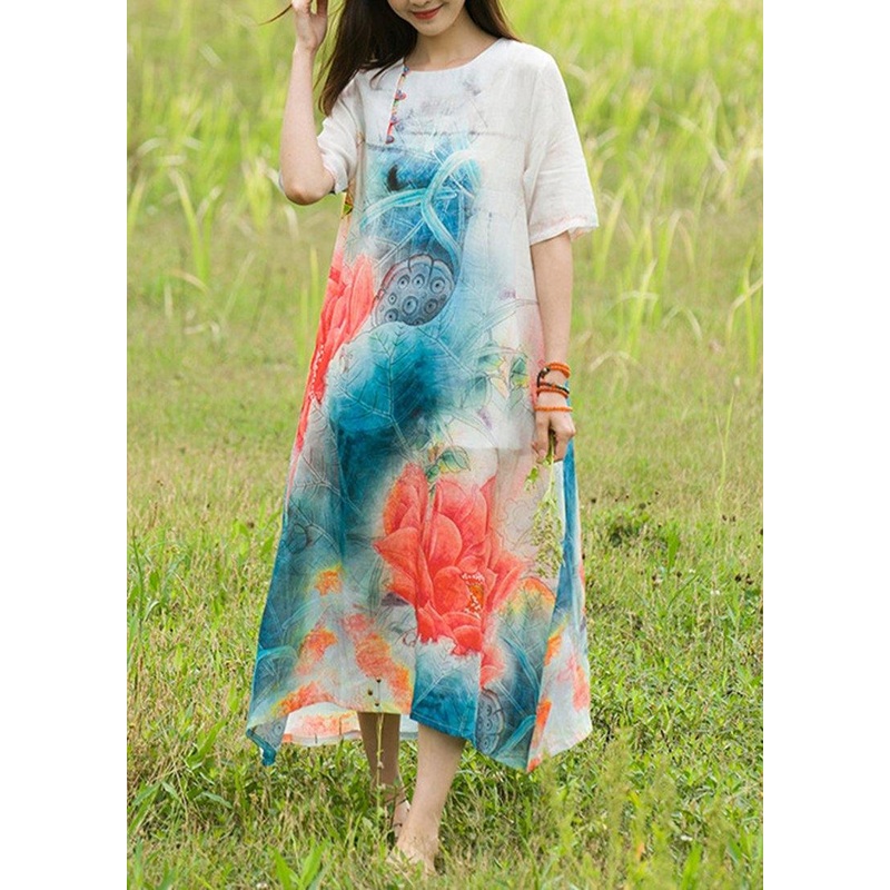 Vivid Print Quilting Clothes O Neck Short Sleeve Kaftan Spring Dresses