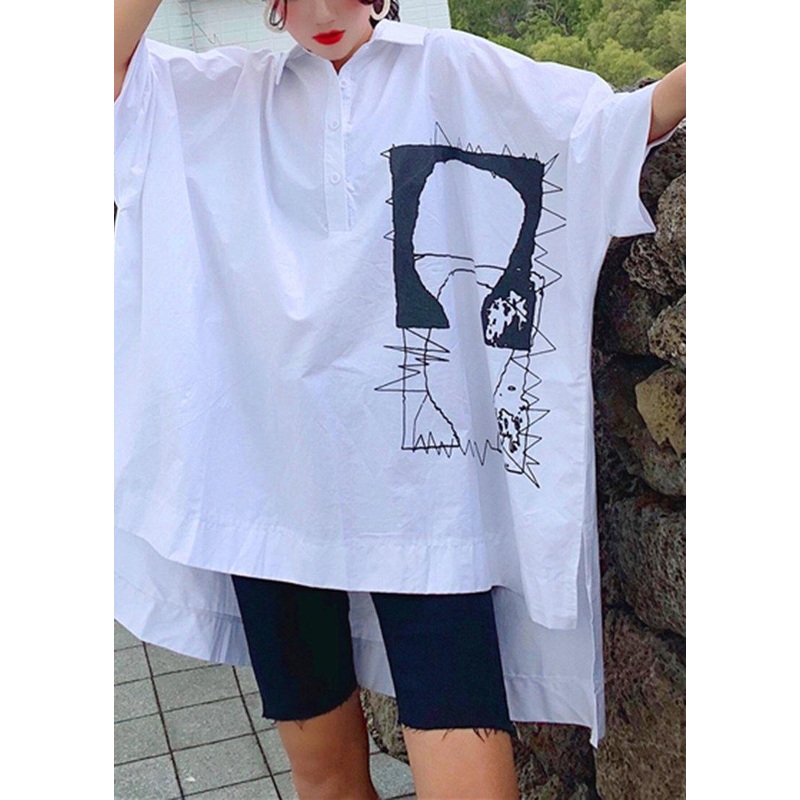 Women Collar Asymmetrical Linen Summer Tunic Shape White Shirt