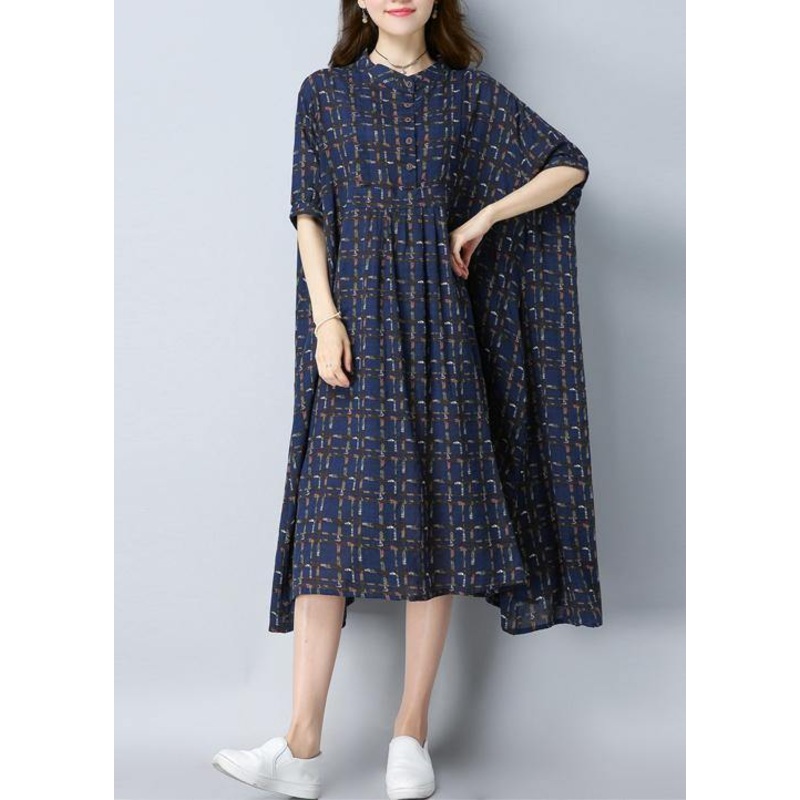 Women O-Neck Button Spring dresses Work Outfits Blue Print Dress