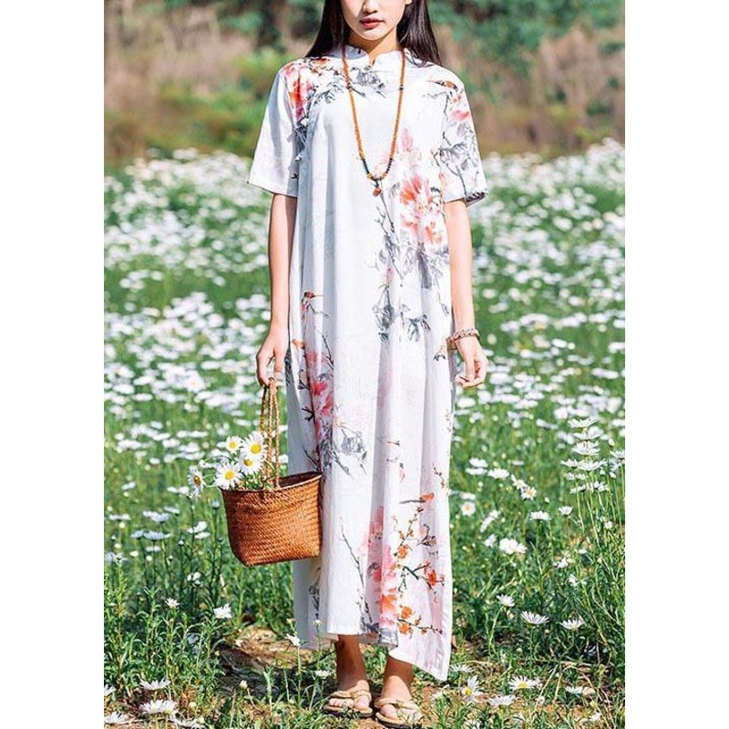 Women O Neck Chinese Button Summer Dresses White Print Robe Dress
