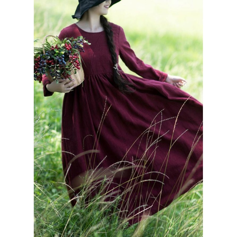 Women Wine red O-Neck Patchwork Spring Dresses