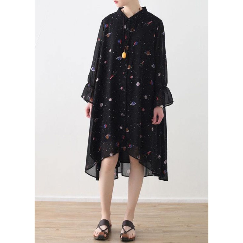 2021 Spring Summer Black Chiffon Flared Sleeve Floral Dress