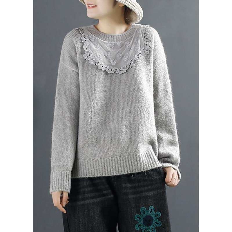 Aesthetic Gray Knit Tops Plus Size Clothing Lace Knit Tops