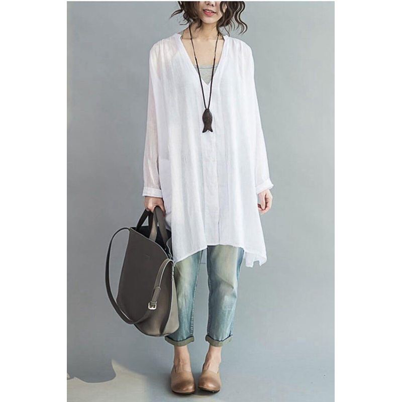 Art Casual Loose Long V-neck Cotton Shirt Women Clothes
