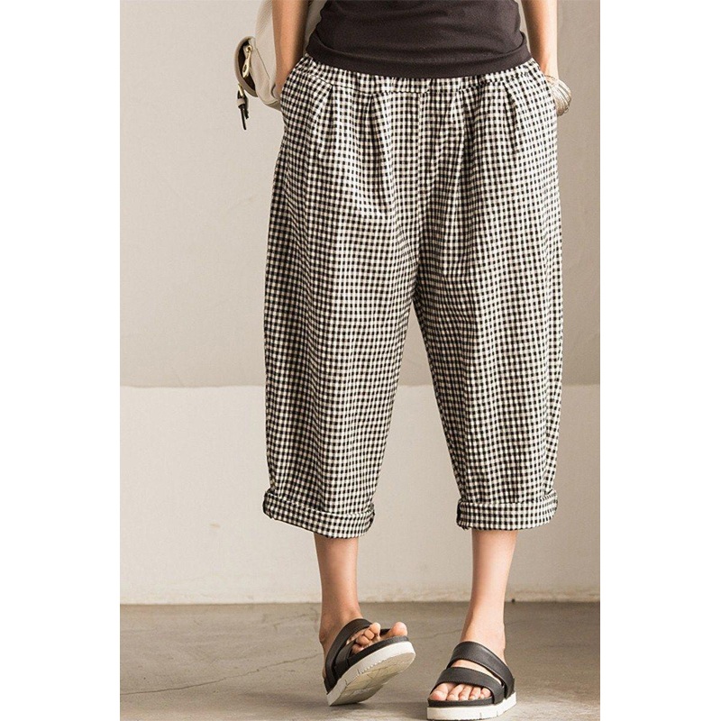 Art Causel Black White Grid Wide-legged Pants Linen Causel Women Clothes