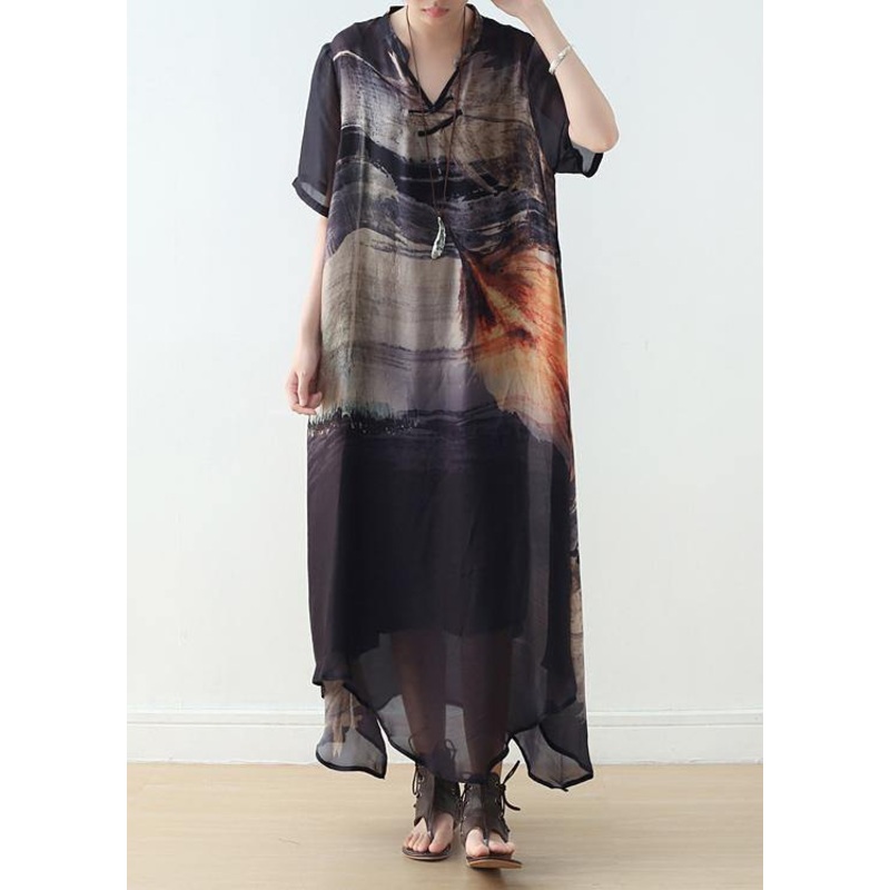 Black Silk Vintage Large Irregular Print Dress