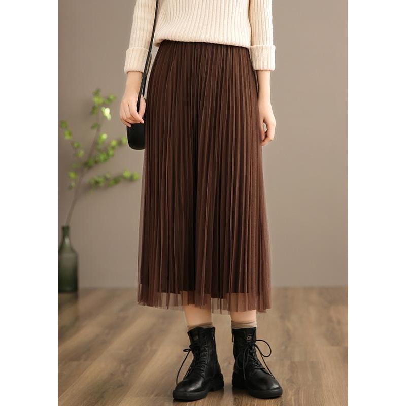 Chic Elastic Waist Pleated Skirt Spring Quilting Chocolate Kaftan Skirt