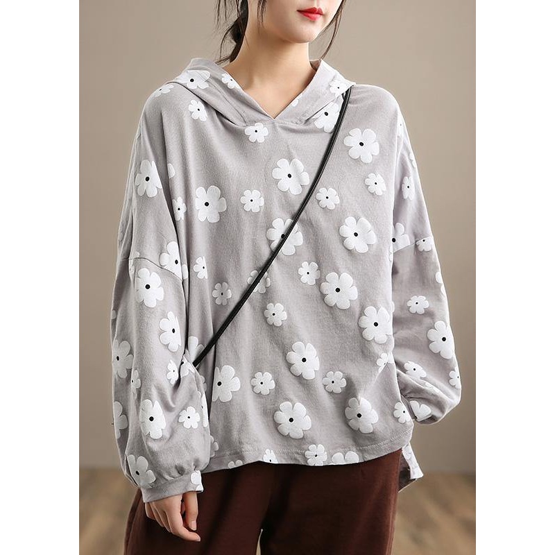 Chic Light Gray Print Clothes For Women Hooded Loose Spring Blouses