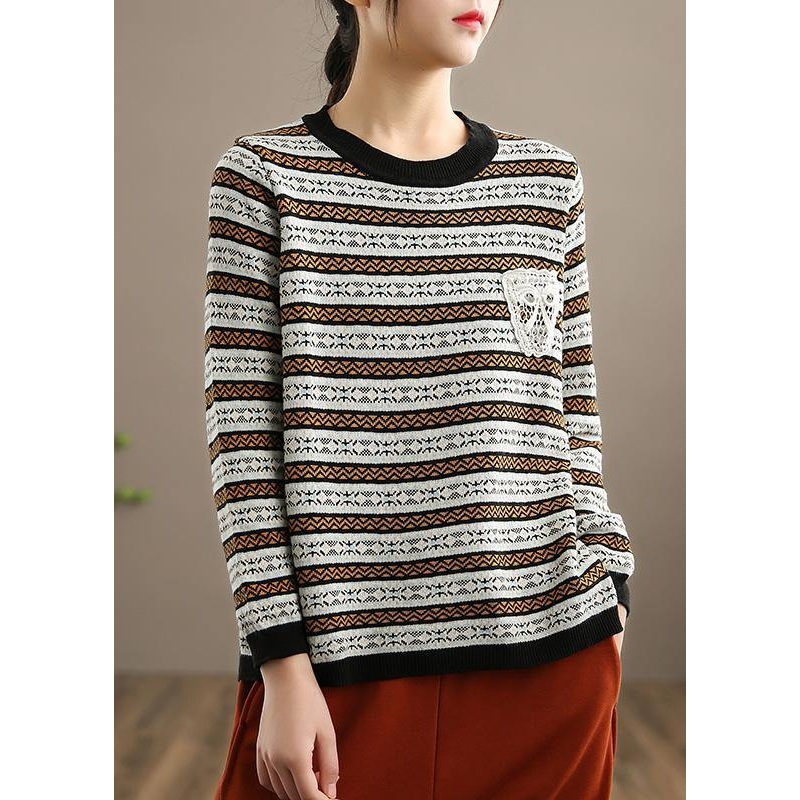 Chunky Spring Black Striped Knit Sweat Tops Loose fitting O Neck Knitted Pullover