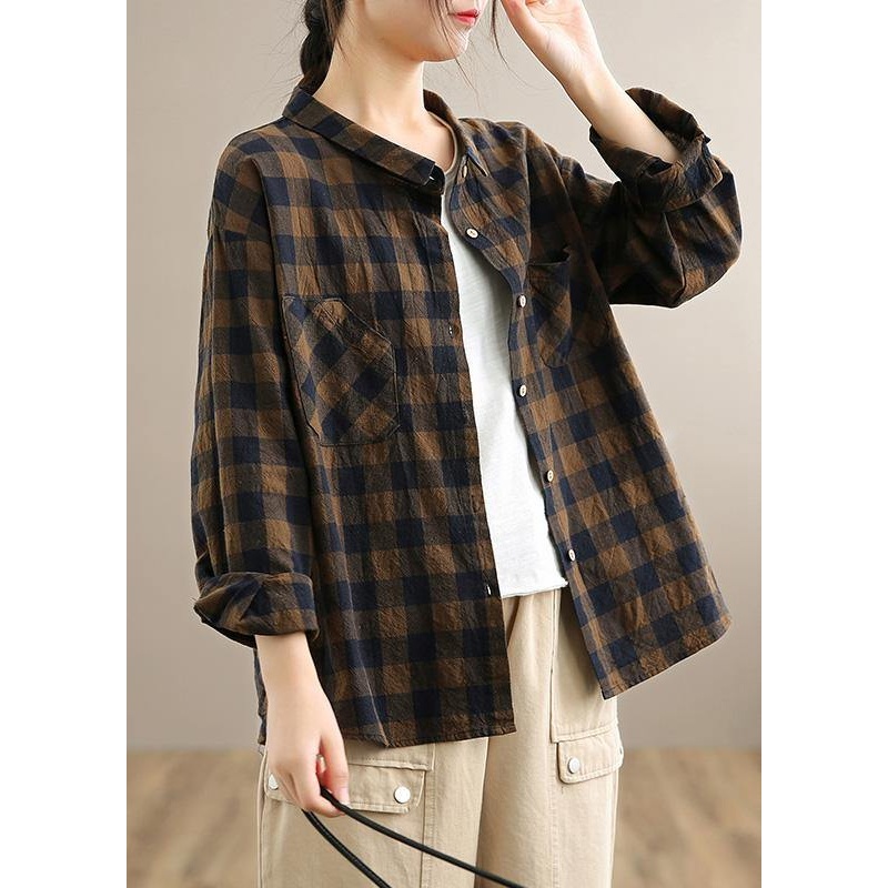 Classy Chocolate PlaidTop Lapel Pockets Tunic Spring Shirts